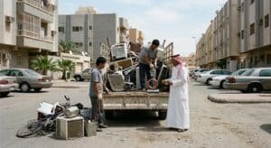 فريق عمل محترف يقوم بفرز ونقل الخردة والسكراب بدقة وأمان باستخدام أحدث المعدات والموازين ضمن خدمات شراء سكراب حي الثغر لضمان تقديم تقييم عادل وخدمة موثوقة للعملاء.