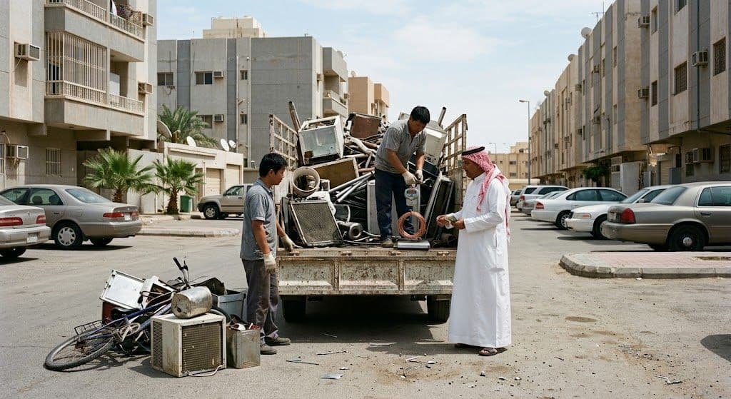 فريق عمل محترف يقوم بفرز ونقل الخردة والسكراب بدقة وأمان باستخدام أحدث المعدات والموازين ضمن خدمات شراء سكراب حي الثغر لضمان تقديم تقييم عادل وخدمة موثوقة للعملاء.