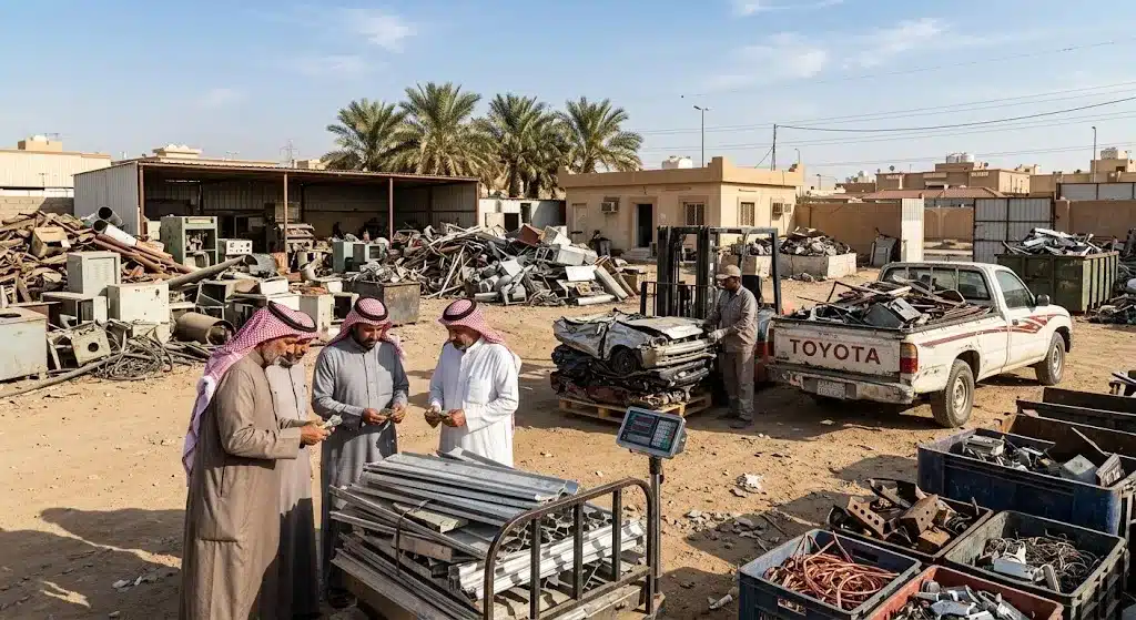 فريق عمل محترف يقوم بأعمال تقييم ورفع السكراب والخردة بدقة وأمان باستخدام أحدث المعدات والسيارات المجهزة ضمن خدمات شراء سكراب حي الكندرة لضمان سرعة الإنجاز وراحة العملاء.