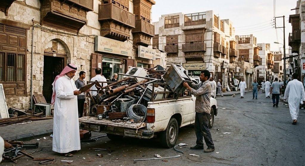 فريق عمل محترف يقوم بجمع وفرز السكراب والخردة والمعادن بدقة وأمان باستخدام أحدث المعدات وسيارات النقل ضمن خدمات شراء سكراب حي البغدادية لضمان التخلص الآمن والسريع وراحة العملاء.